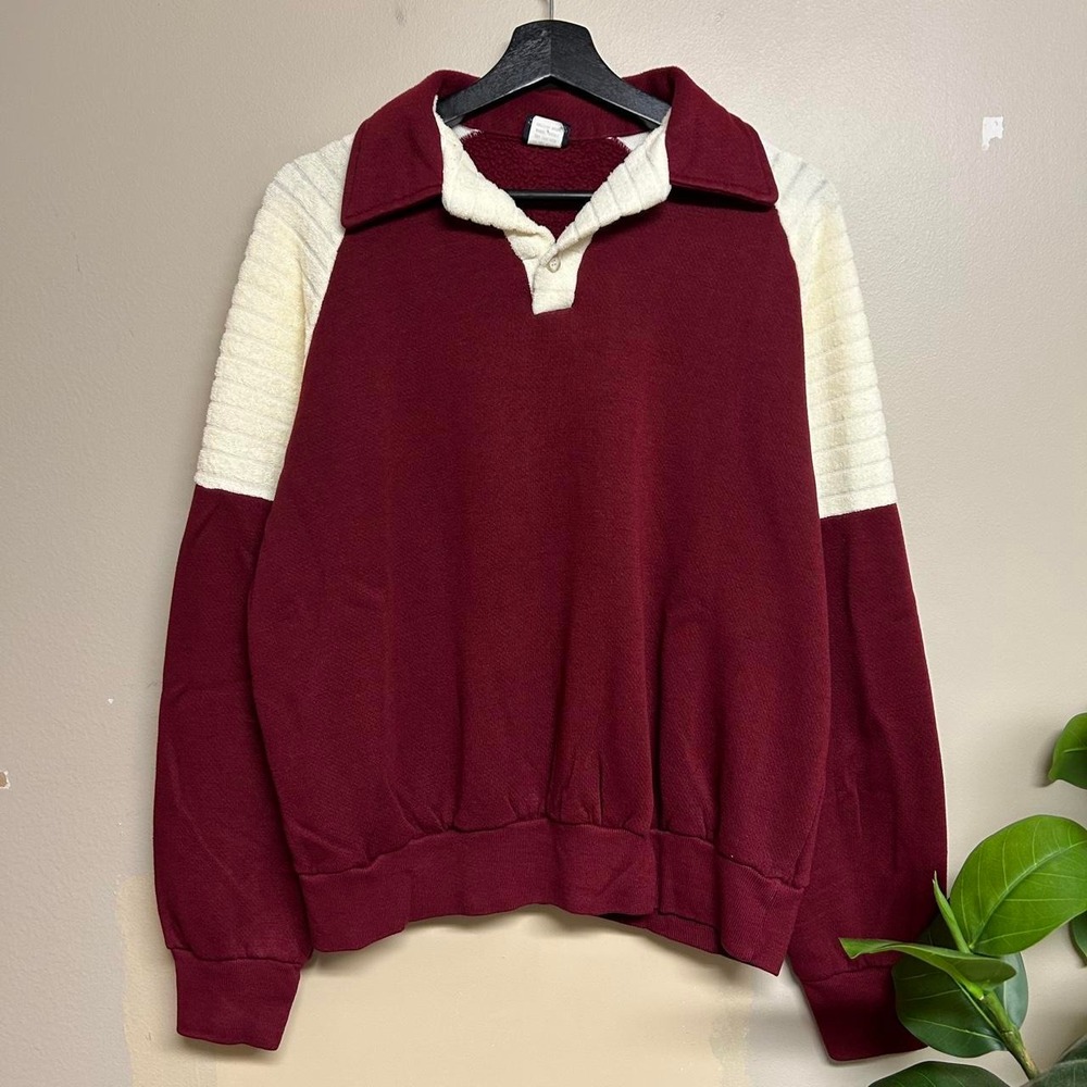Vintage David Homisat Burgundy White Two Tone Felt Polo Rugby Shirt Mens M